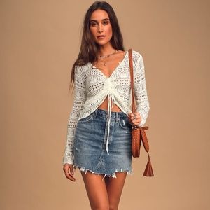 Lulus Only Yours Ivory Sheer Crochet Ruched Sweater Top